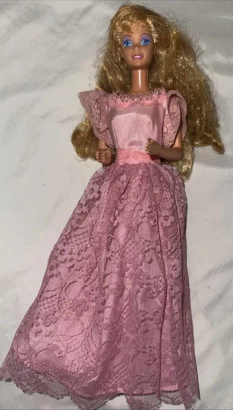 Vintage Blonde Hair BARBIE Doll MATTEL 1966 Body Pink Lace Long Gown Dress